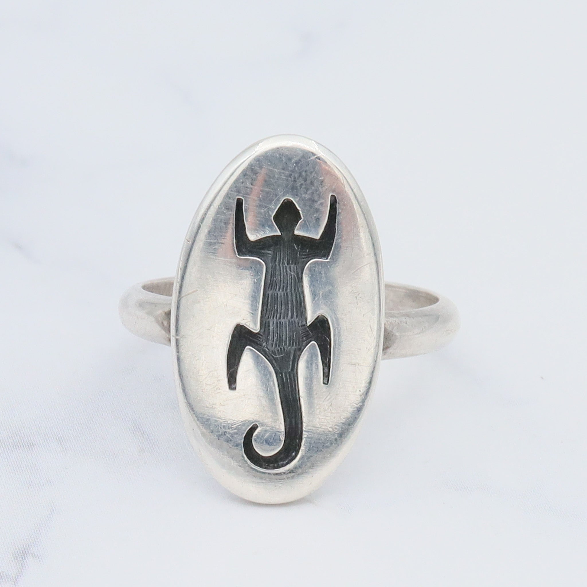 Vintage Native American sterling lizard cut out ring by Hopi artist Loren Phillips, sz 5.5